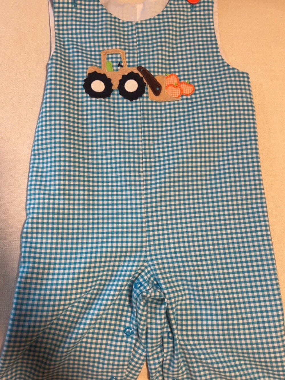 Blue Gingham Tractor Romper With Pumpkins